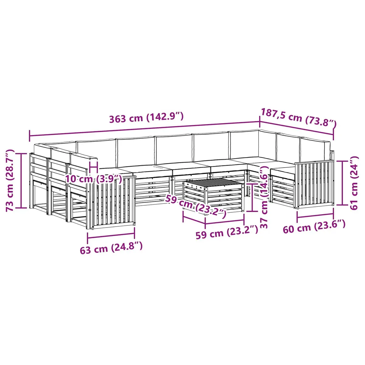 Outdoor Sofa Set Modular 11 Piece Acacia Wood with Cushions