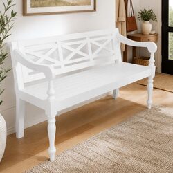 Elegant White Wooden Storage Bench with Curved Armrests