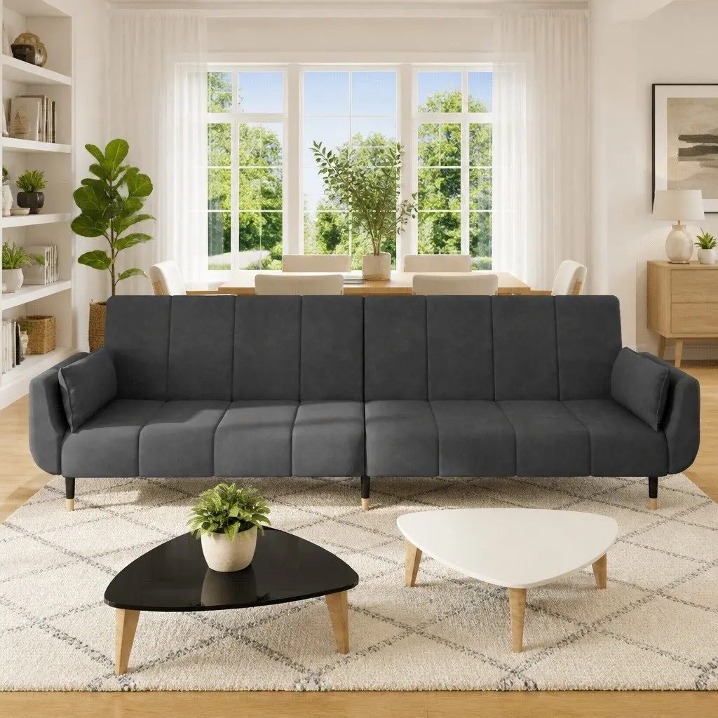 2-Seater Sofa Bed Convertible Grey Velvet Adjustable Lounger with Pillows