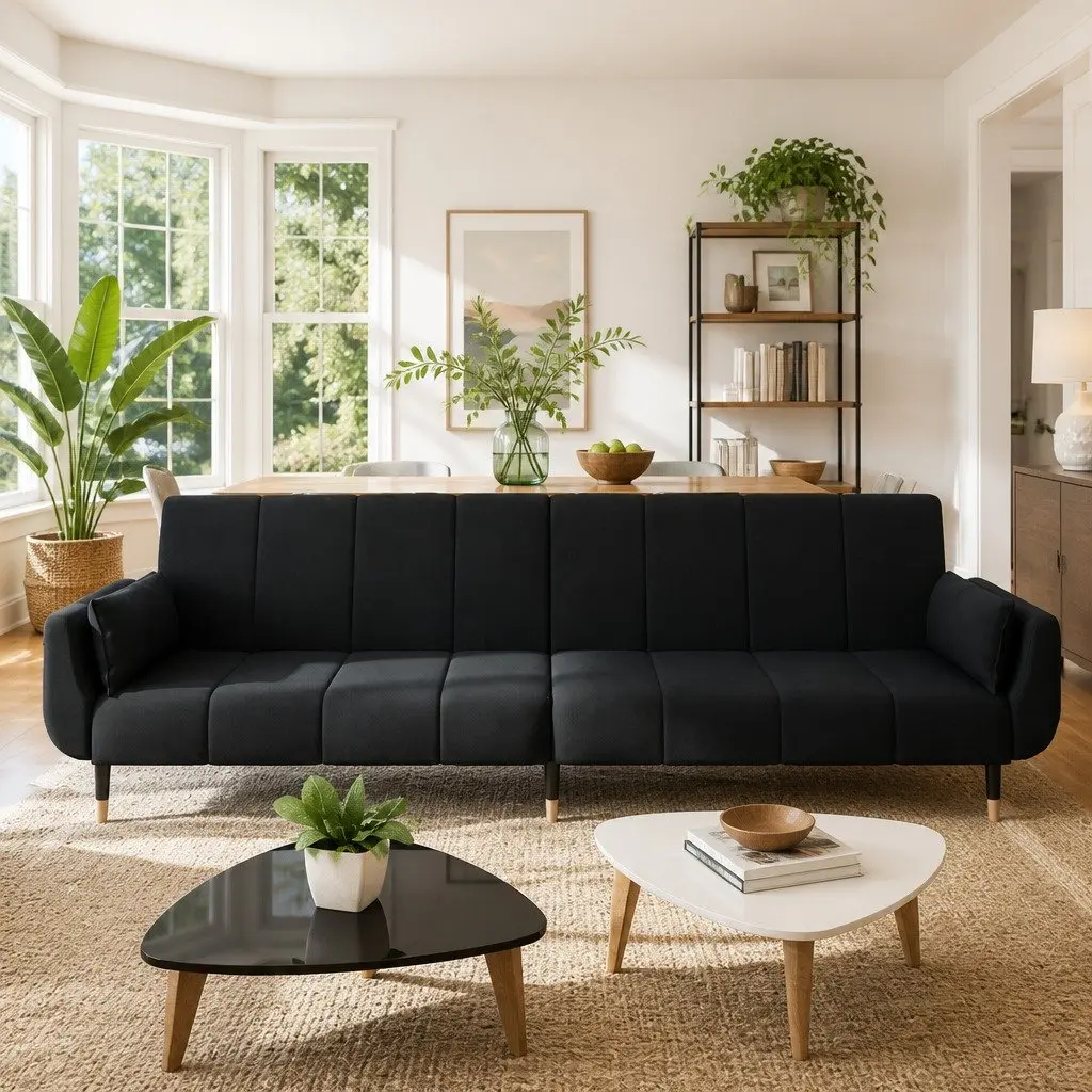 Sofa Bed Convertible Lounger Adjustable Backrest 2-Seater Velvet Fabric Black