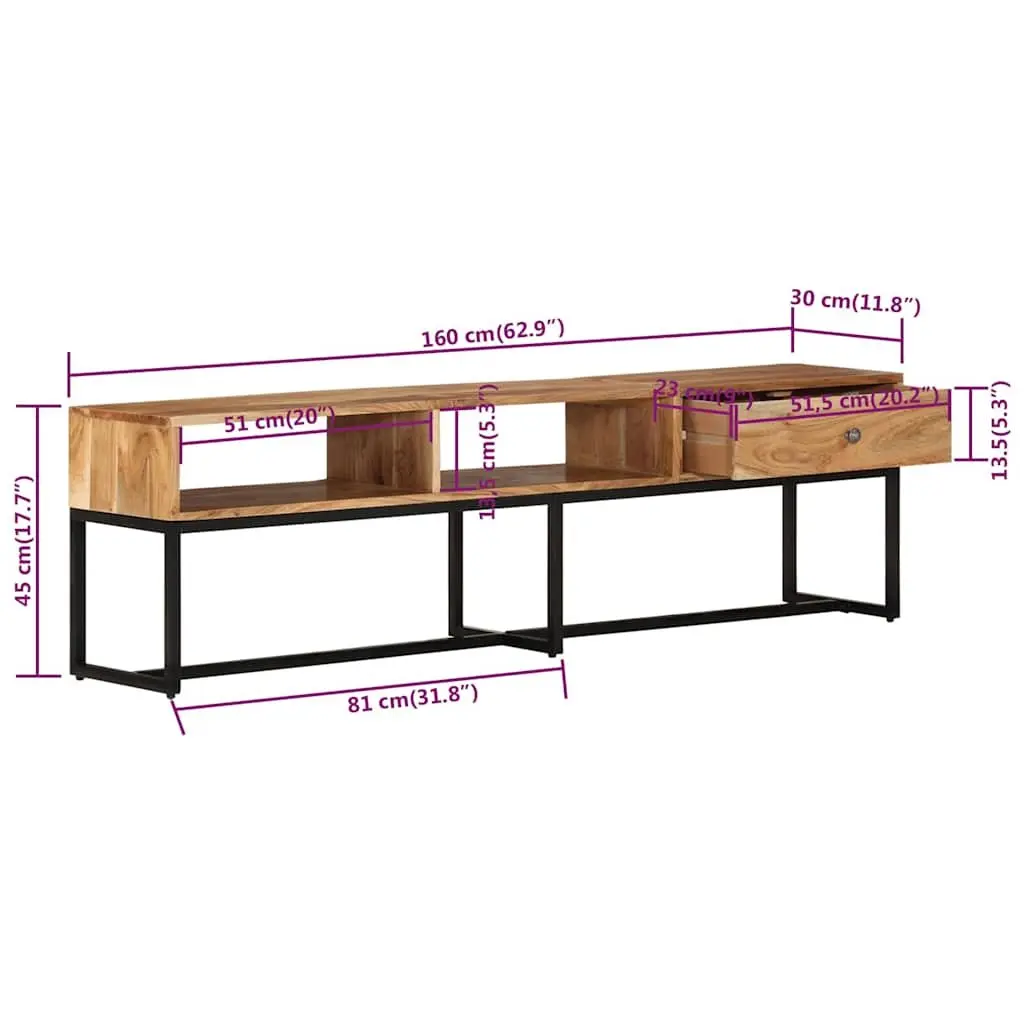 Acacia Wood TV Cabinet Brown 160x30x45 cm Solid Construction with Drawer Storage Unit