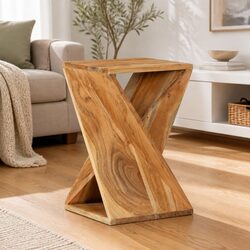 Rustic Solid Acacia Wood Side Table with Twisted Design