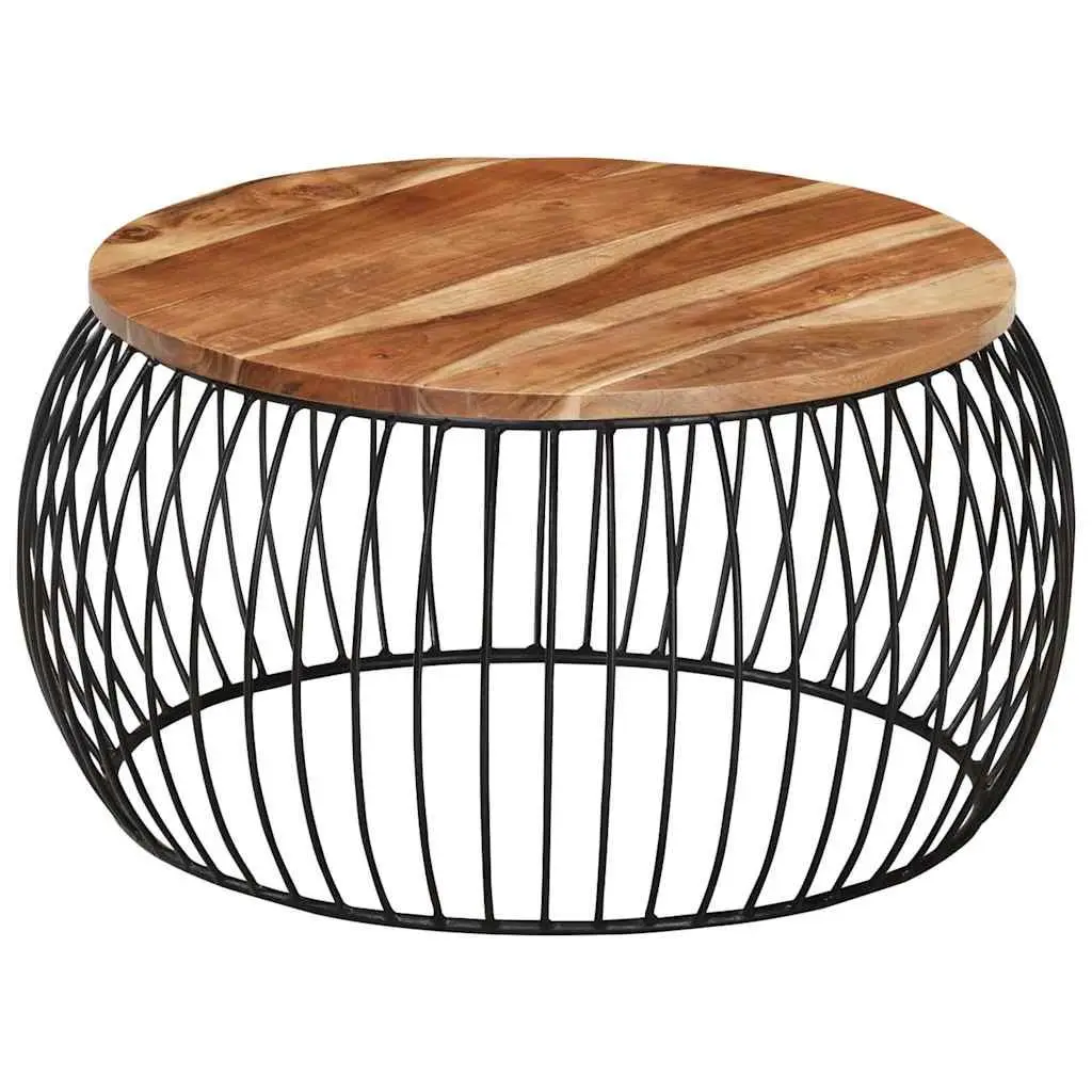 Coffee Table Vintage Style Ø68 cm Brown Solid Acacia Wood with Powder Coated Iron Frame