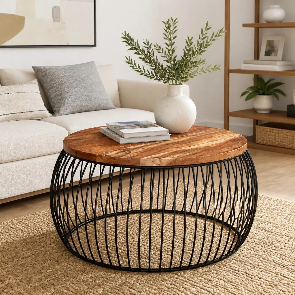 Handmade Vintage-Style Coffee Table Ø68cm Reclaimed Wood