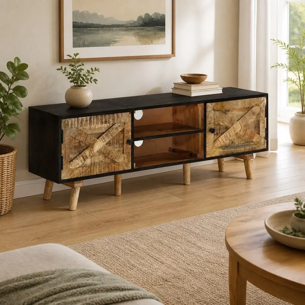 TV Cabinet 140x30x46 cm Rough Mango Wood Acacia Living Room Bedroom Storage