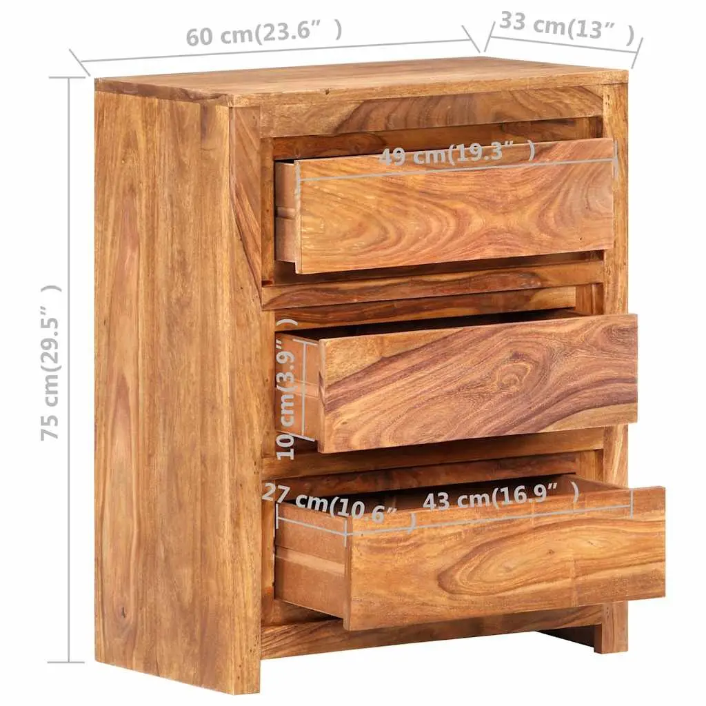 Solid Wood Acacia Drawer Cabinet 3 Drawers Brown 60x33x75cm Storage Chest