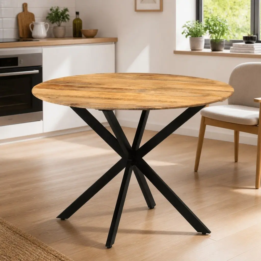 Dining Table Round 110cm Solid Mango Wood Steel Frame