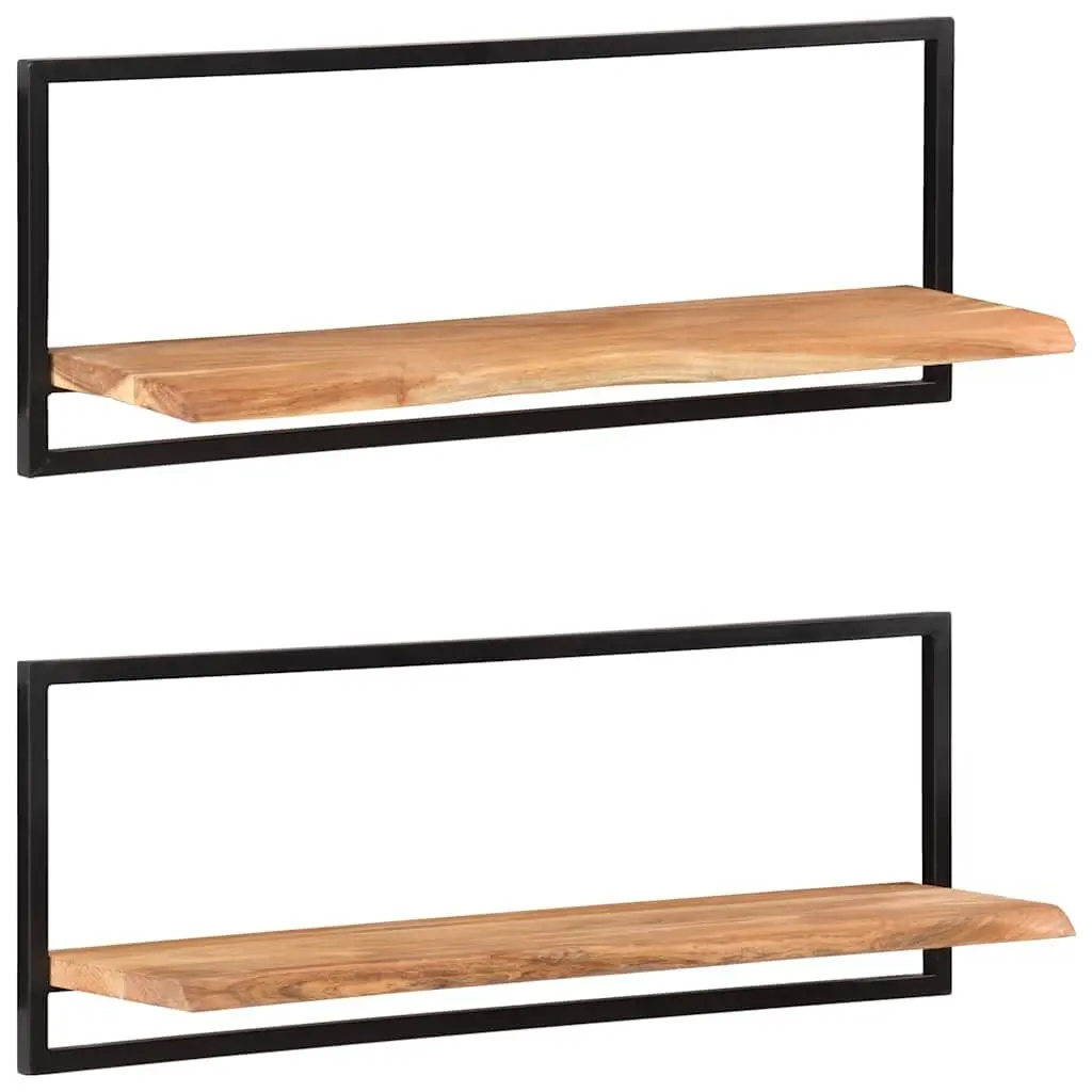 Wall Shelves Floating 2 Piece Brown Solid Acacia Wood Steel Frame