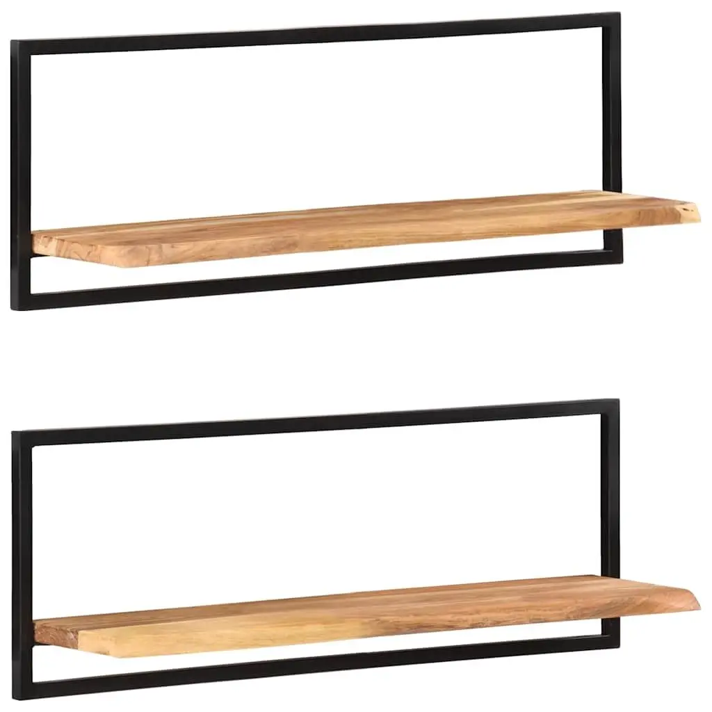 Wall Shelves Floating 2 Piece Brown Solid Acacia Wood Steel Frame