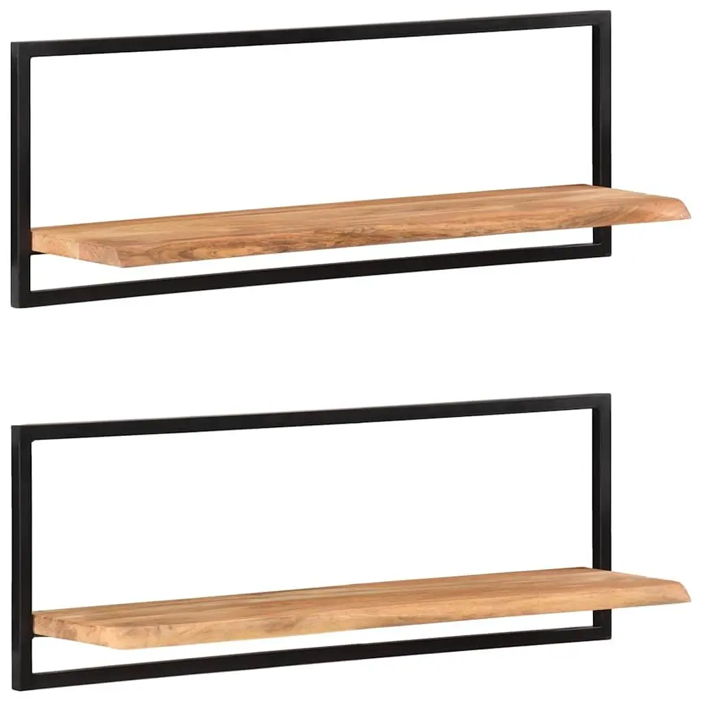 Wall Shelves Floating 2 Piece Brown Solid Acacia Wood Steel Frame