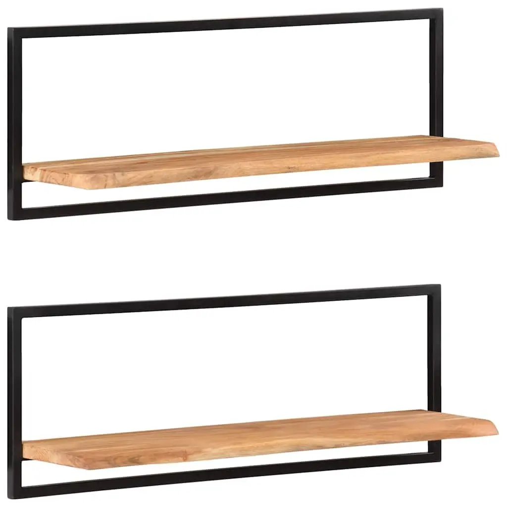 Wall Shelves Floating 2 Piece Brown Solid Acacia Wood Steel Frame