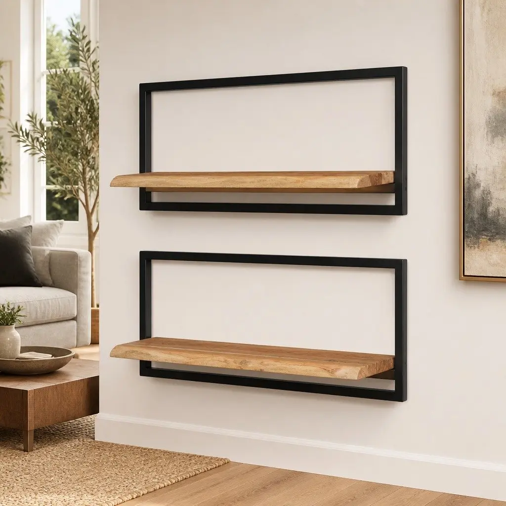Wall Shelves 2 Pieces 80x25x35 cm Floating Display Shelf Brown Wood Steel Frame