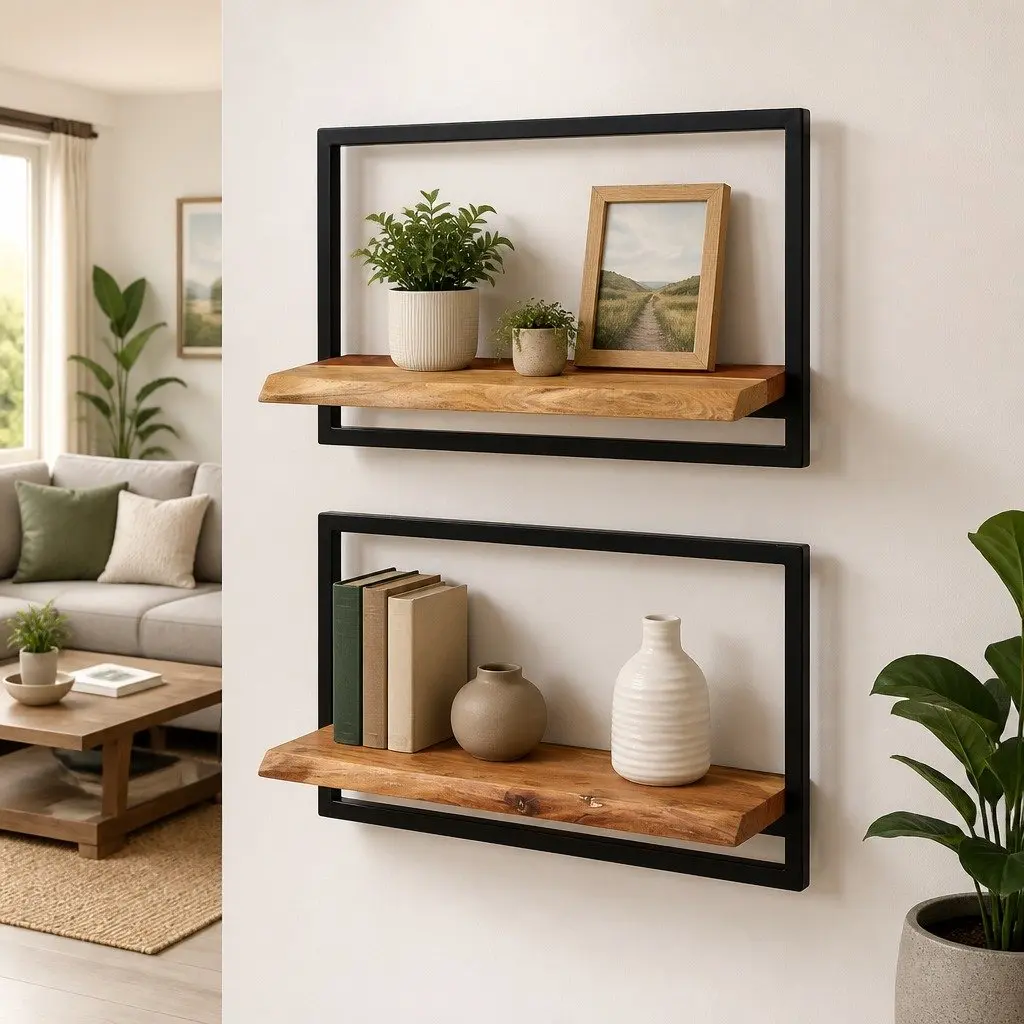 Wooden Wall Shelves Floating Brown Acacia 2 Piece Solid Wood Steel Frame Storage Display Home