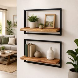 Acacia Wood Floating Wall Shelves - Set of 2