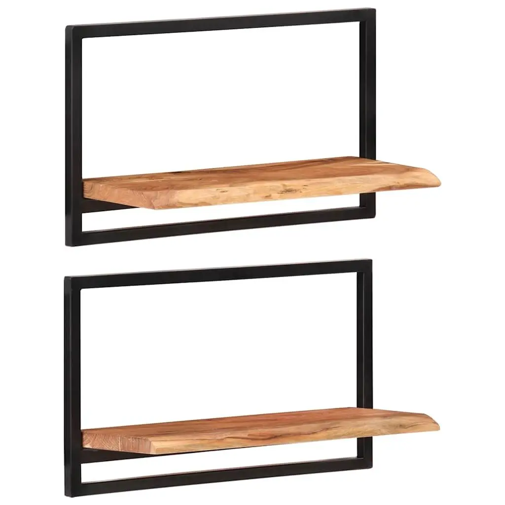 Wooden Wall Shelves Floating Brown Acacia 2 Piece Solid Wood Steel Frame Storage Display Home