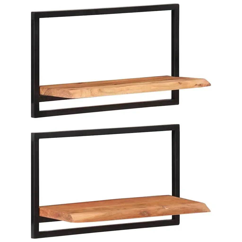 Wooden Wall Shelves Floating Brown Acacia 2 Piece Solid Wood Steel Frame Storage Display Home