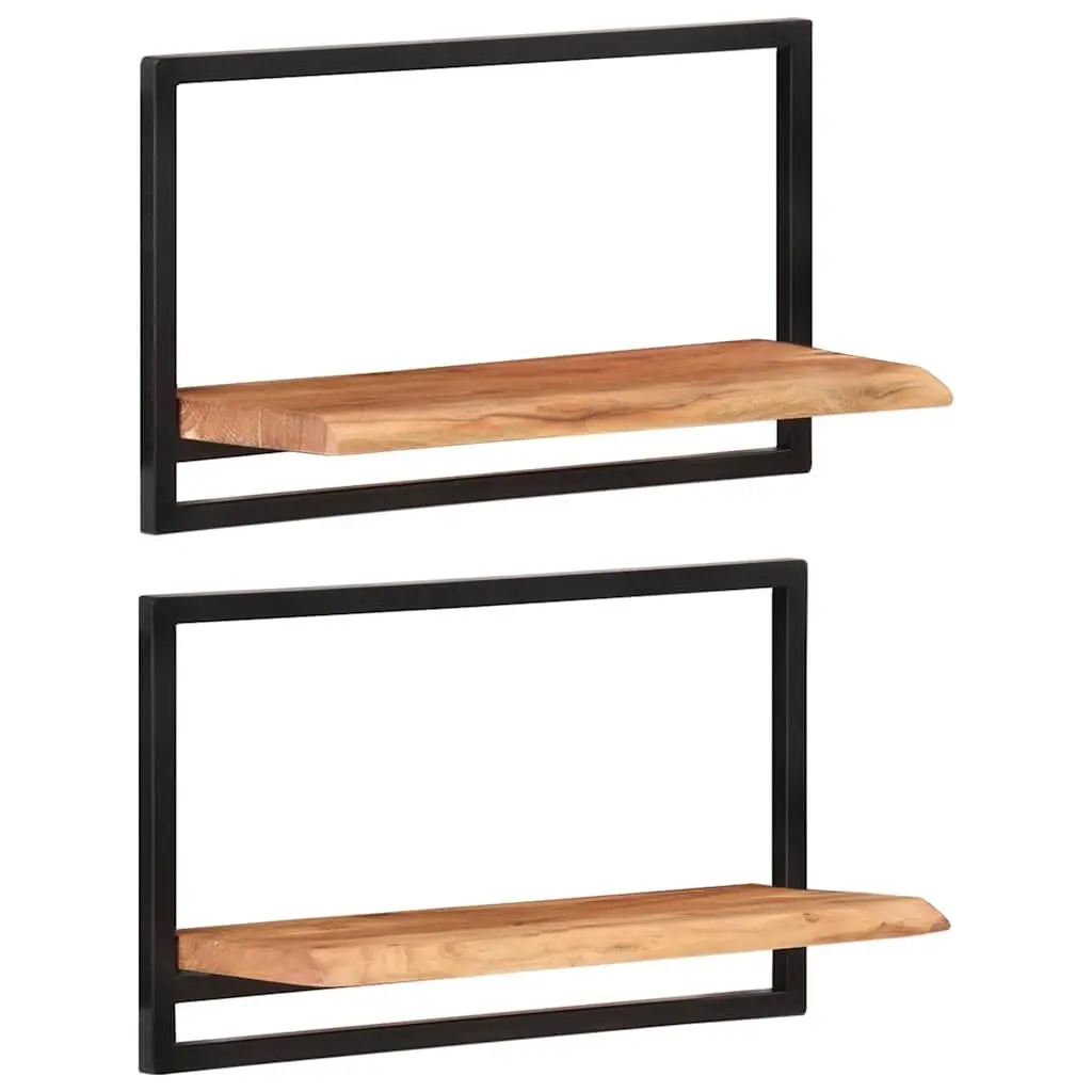 Wooden Wall Shelves Floating Brown Acacia 2 Piece Solid Wood Steel Frame Storage Display Home