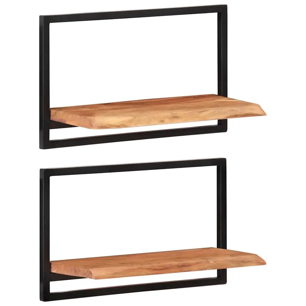 Wooden Wall Shelves Floating Brown Acacia 2 Piece Solid Wood Steel Frame Storage Display Home
