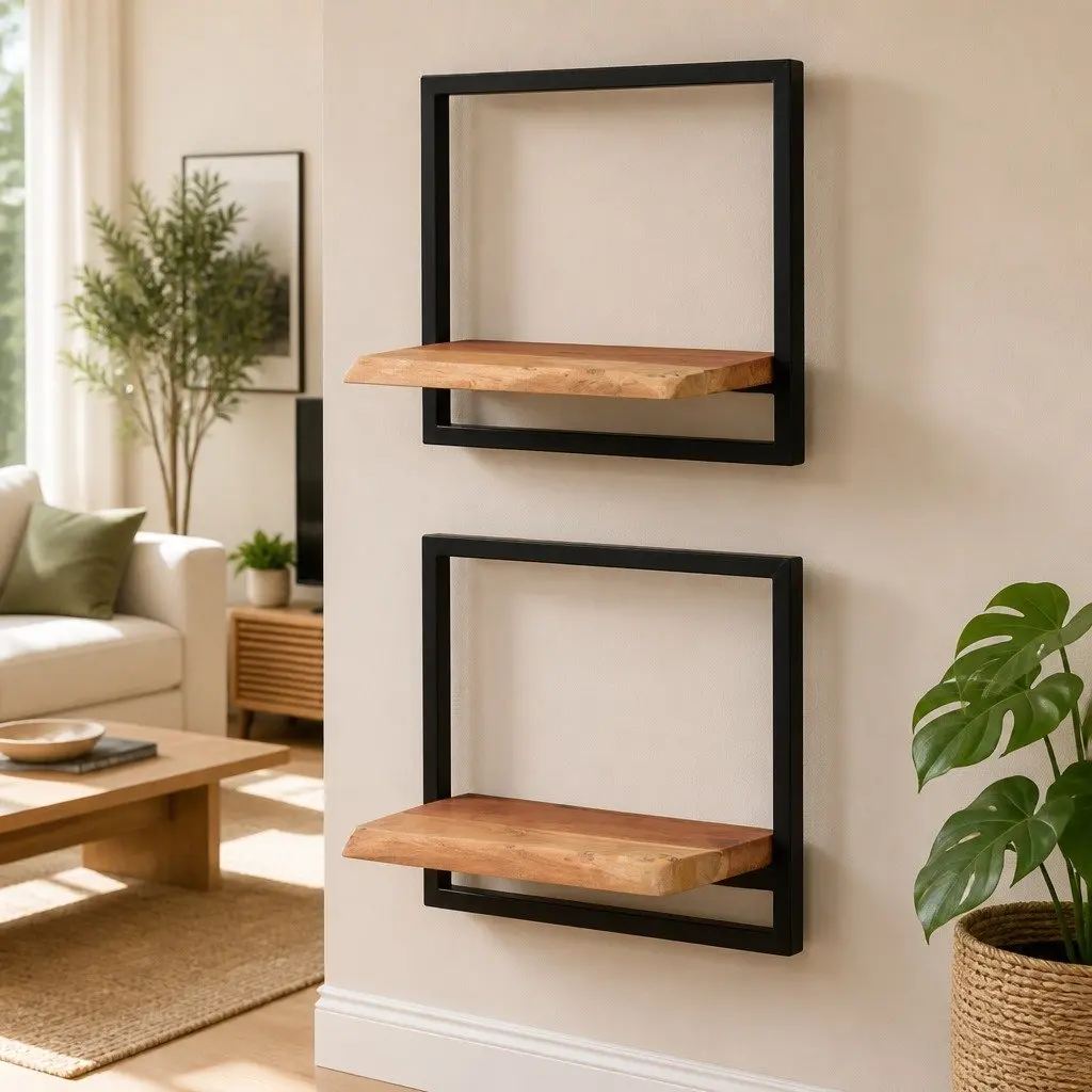 Wall Shelves Floating Display Shelving 40 x 24 x 35 cm Solid Acacia Wood Steel Frame Brown 2 pcs
