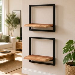 Floating Wall Shelves Set of 2 Solid Wood Acacia