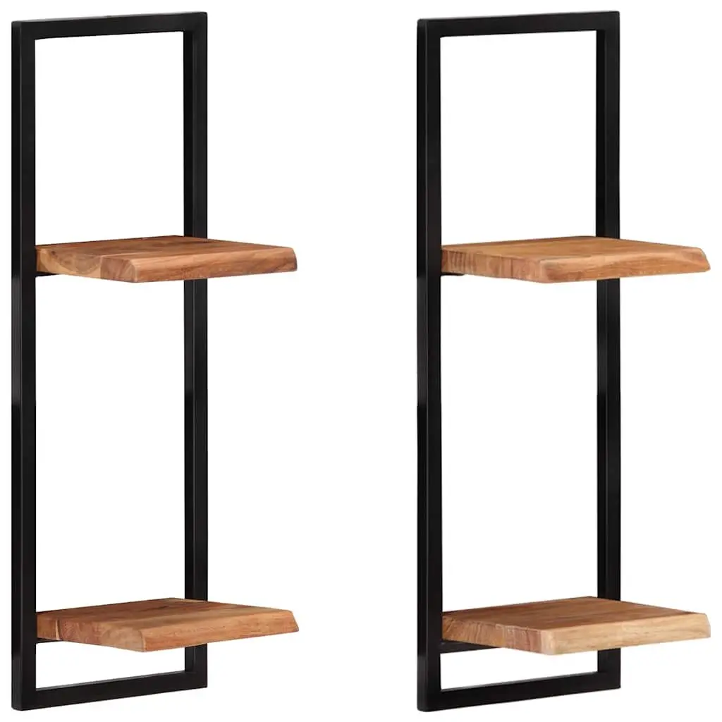 Wall Shelves Floating Brown Acacia Wood 2 Pieces Steel Frame Storage Display