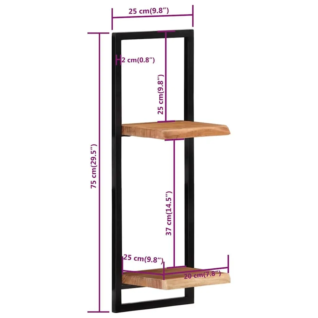 Wall Shelves Floating Brown Acacia Wood 2 Pieces Steel Frame Storage Display