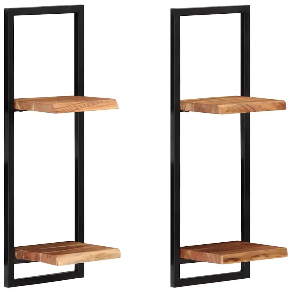 Wall Shelves Floating Brown Acacia Wood 2 Pieces Steel Frame Storage Display
