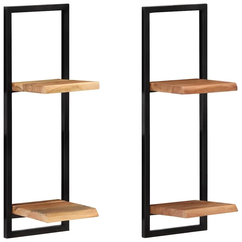 Wall Shelves Floating Brown Acacia Wood 2 Pieces Steel Frame Storage Display