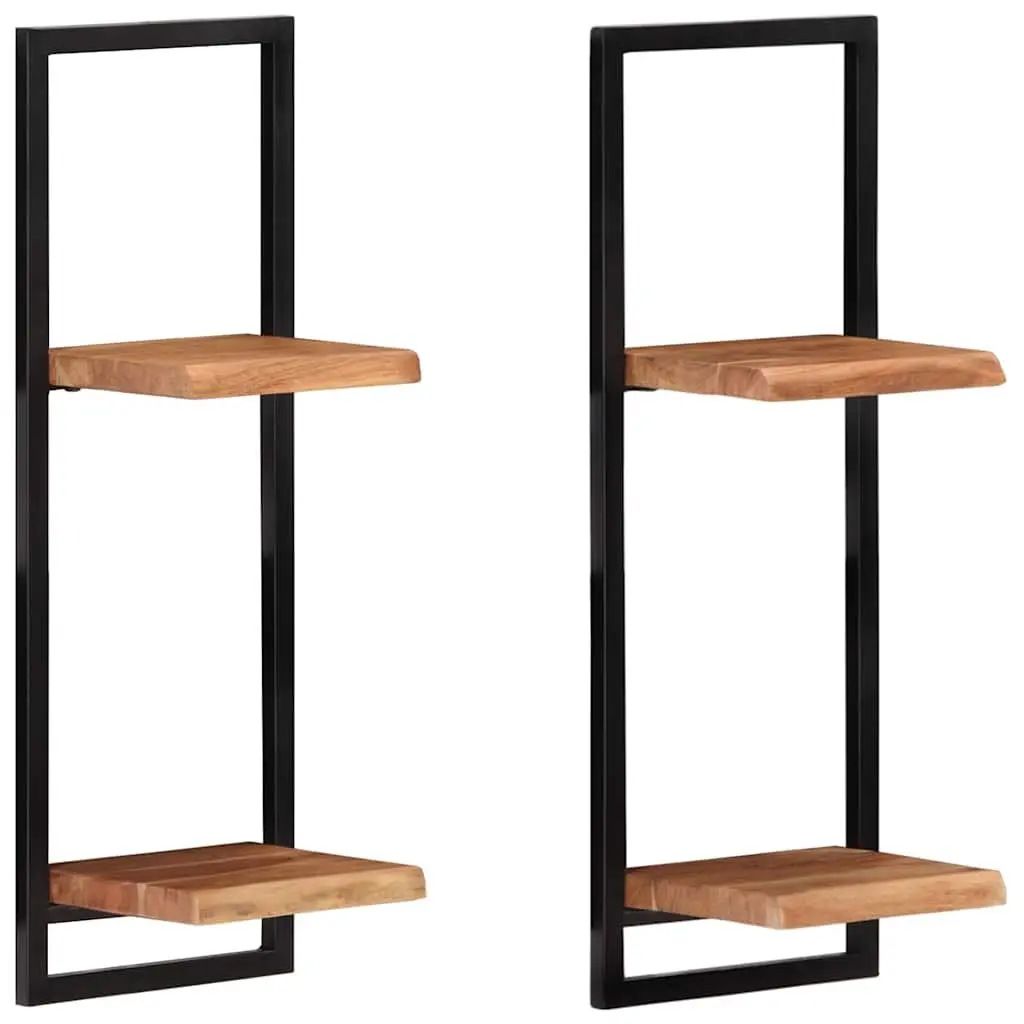 Wall Shelves Floating Brown Acacia Wood 2 Pieces Steel Frame Storage Display