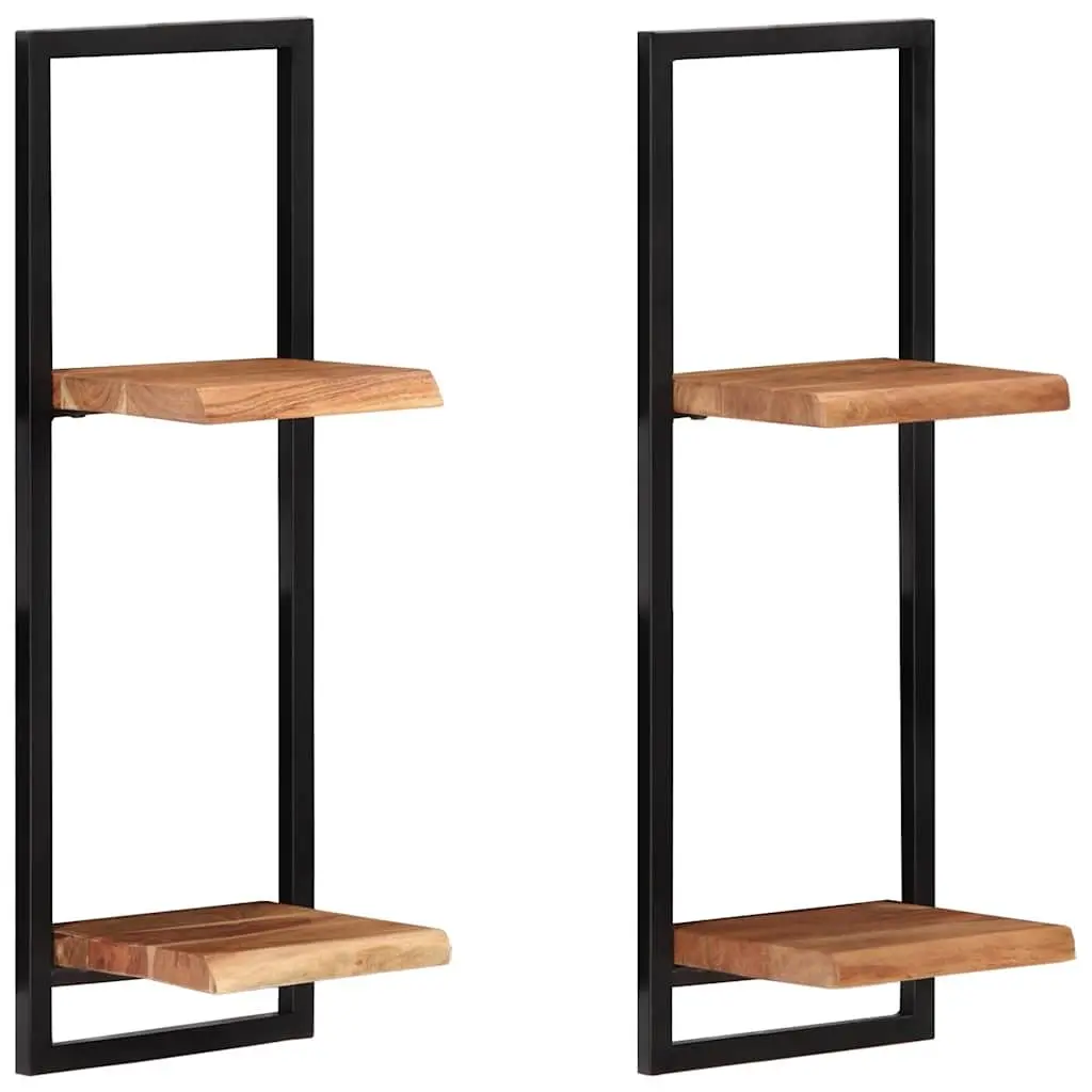 Wall Shelves Floating Brown Acacia Wood 2 Pieces Steel Frame Storage Display