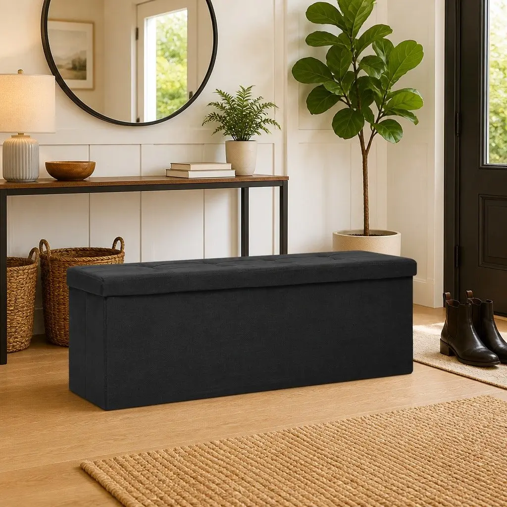Folding Storage Bench in Black Faux Linen