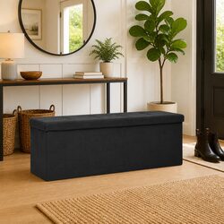 Cozy Folding Storage Bench in Black Faux Linen