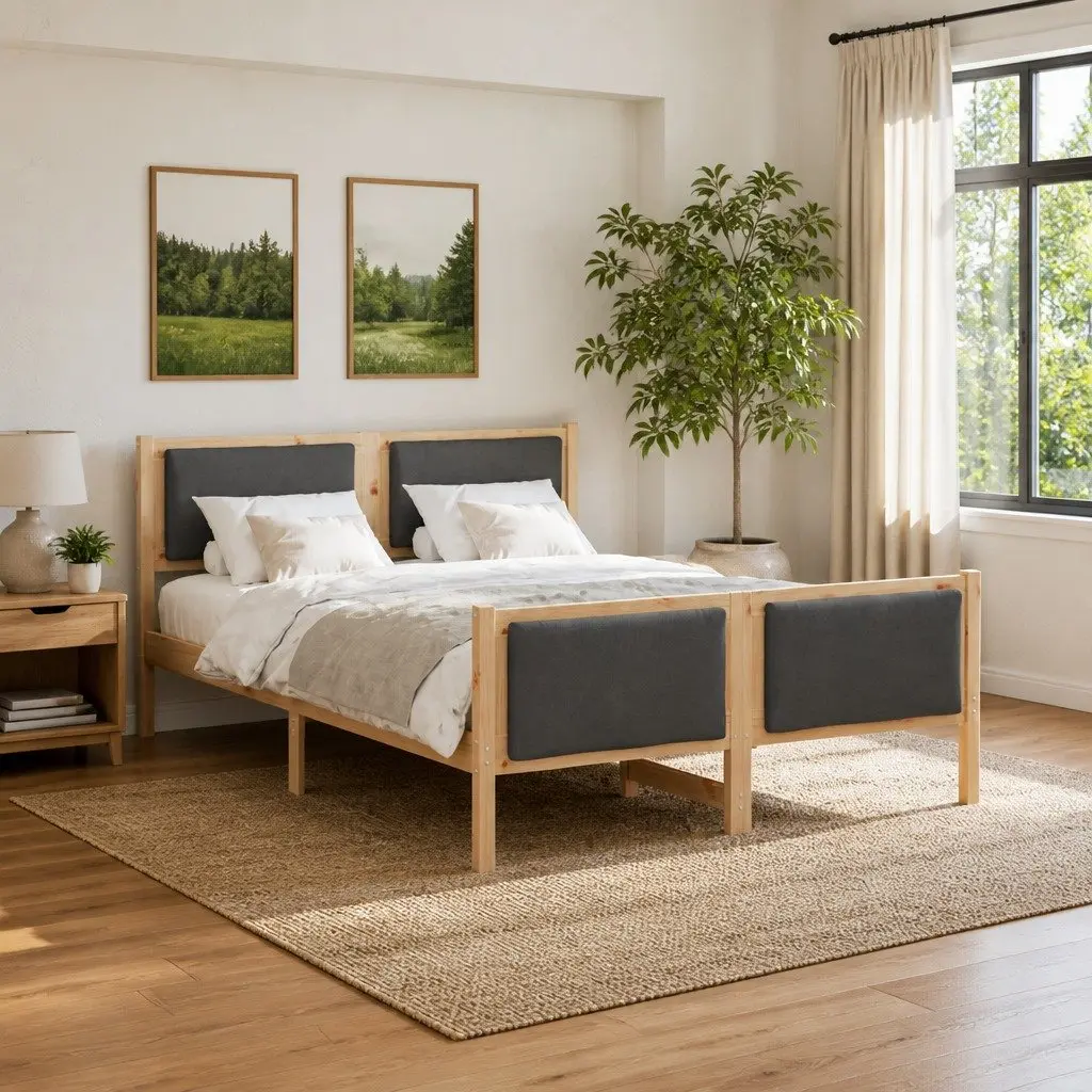 Bed Frame with Headboard Modern 150 x 200 cm Solid Pine Wood Polyester Upholstered Platform Slatted