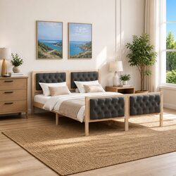 Solid Pine Wood Bed Frame with Upholstered Headboard