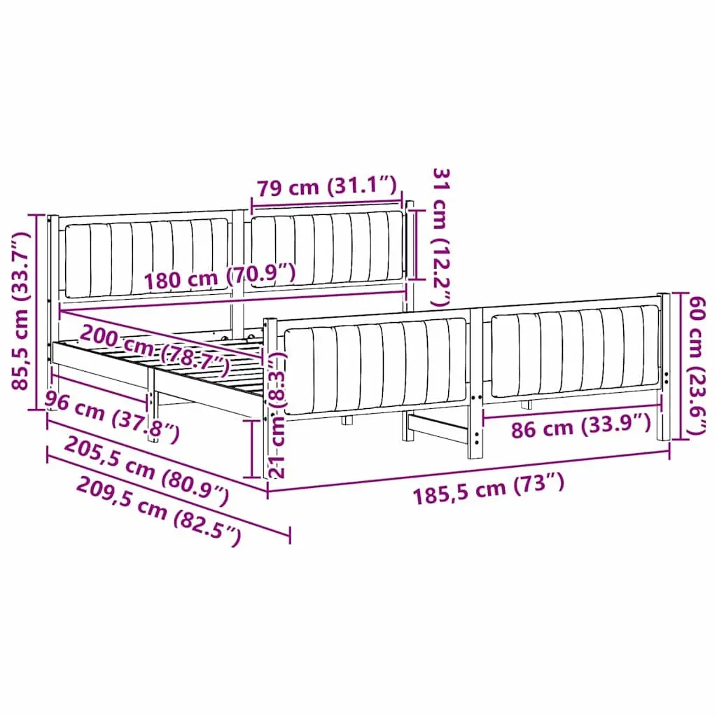 Bed Frame 180 x 200 cm Platform Design Solid Pine Wood Brown Dark Grey Bedroom