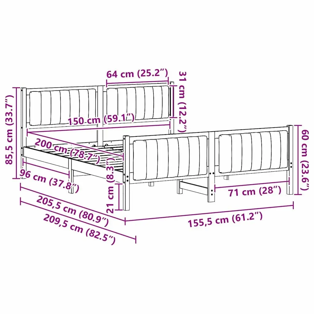 Solid Pine Wood Platform Bed Frame Brown Dark Grey 150x200cm