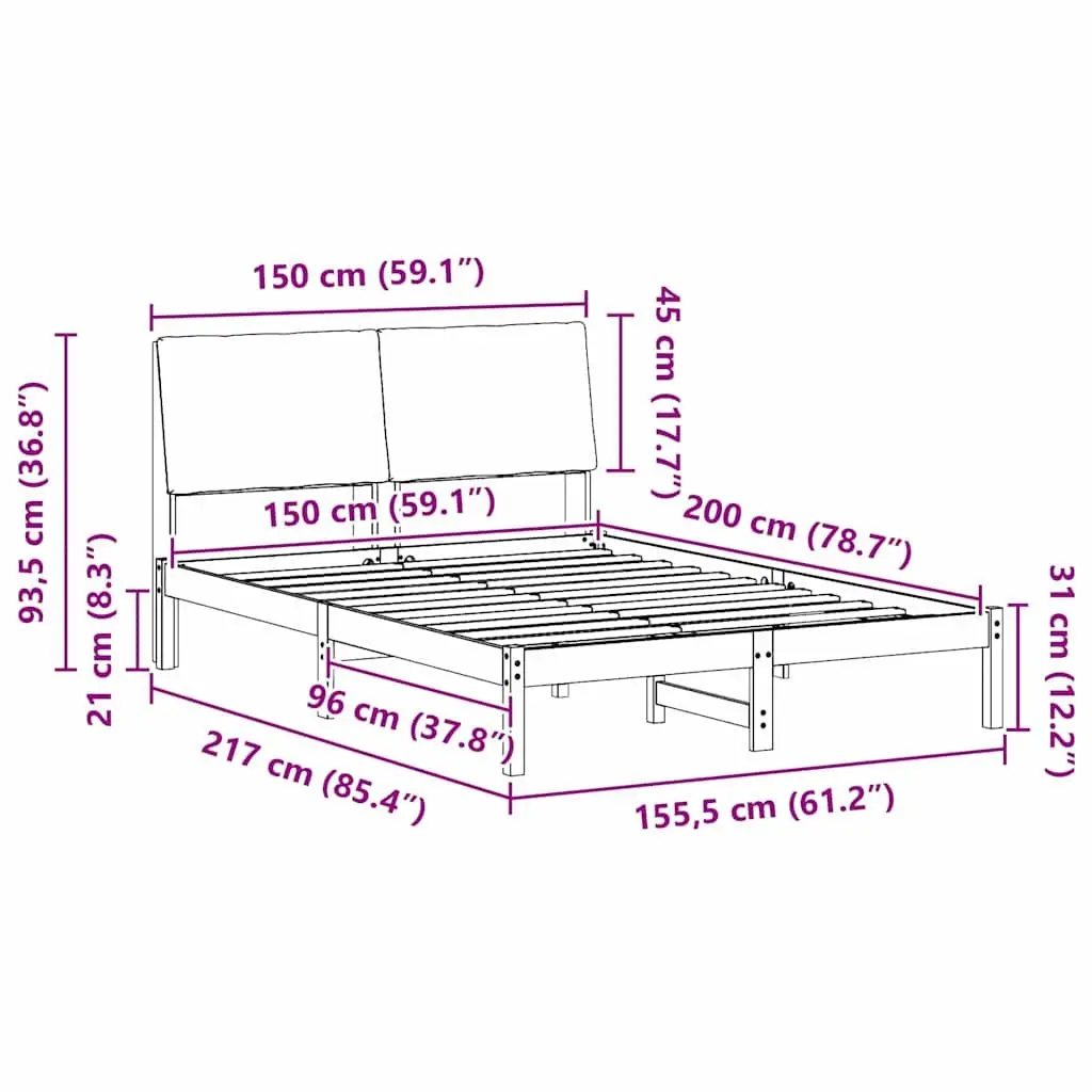 Bed Frame Modern 150 x 200 cm Solid Pine Wood with Upholstered Headboard