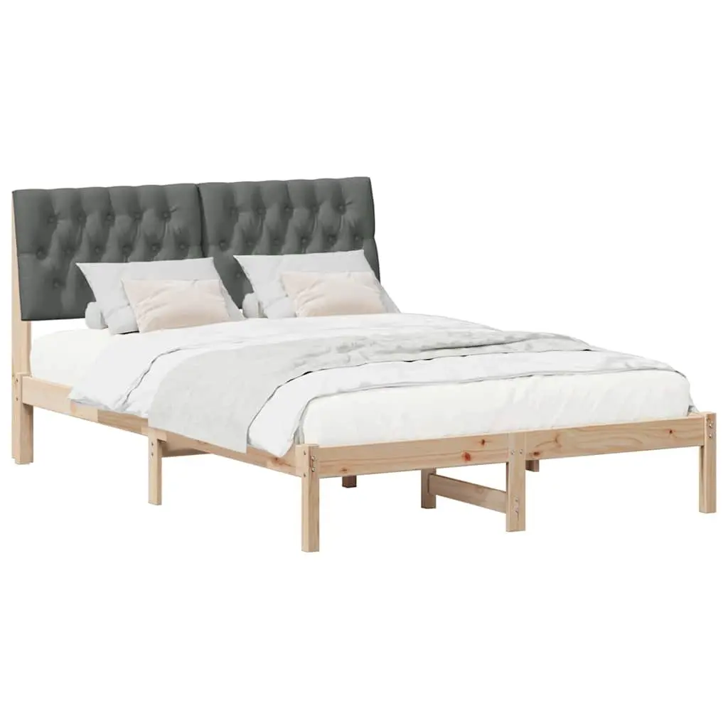 Bed Frame Upholstered Headboard Brown 150 x 200 cm Platform Slatted Base Solid Pine Wood