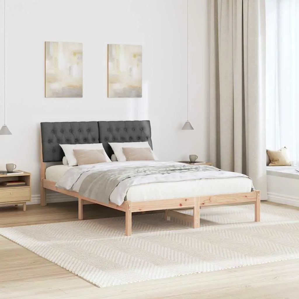 Bed Frame Upholstered Headboard Brown 150 x 200 cm Platform Slatted Base Solid Pine Wood