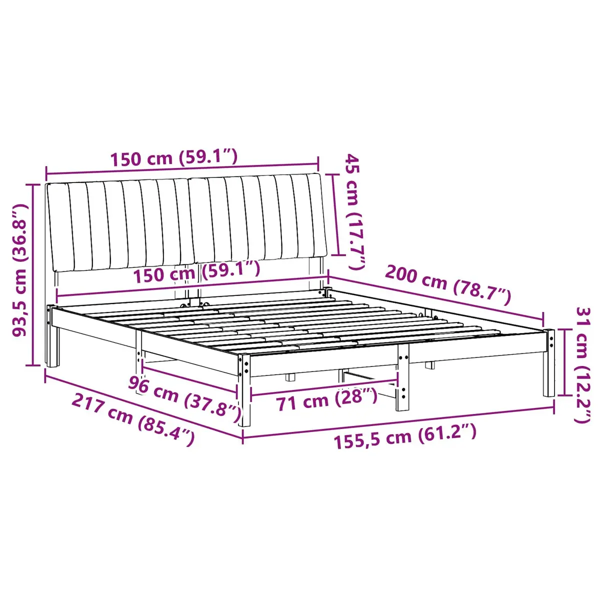 Bed Frame with Upholstered Headboard Brown 150 x 200 cm Solid Pine Wood Platform