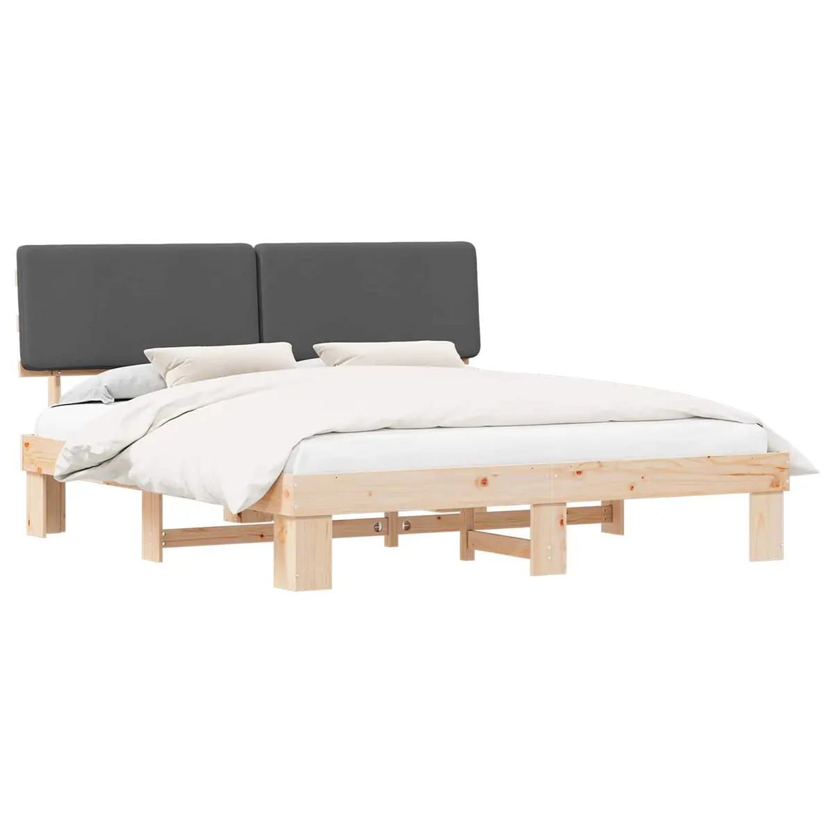 Bed Frame Grey Upholstered Headboard 180x200cm Solid Pine Wood Platform Slatted Base