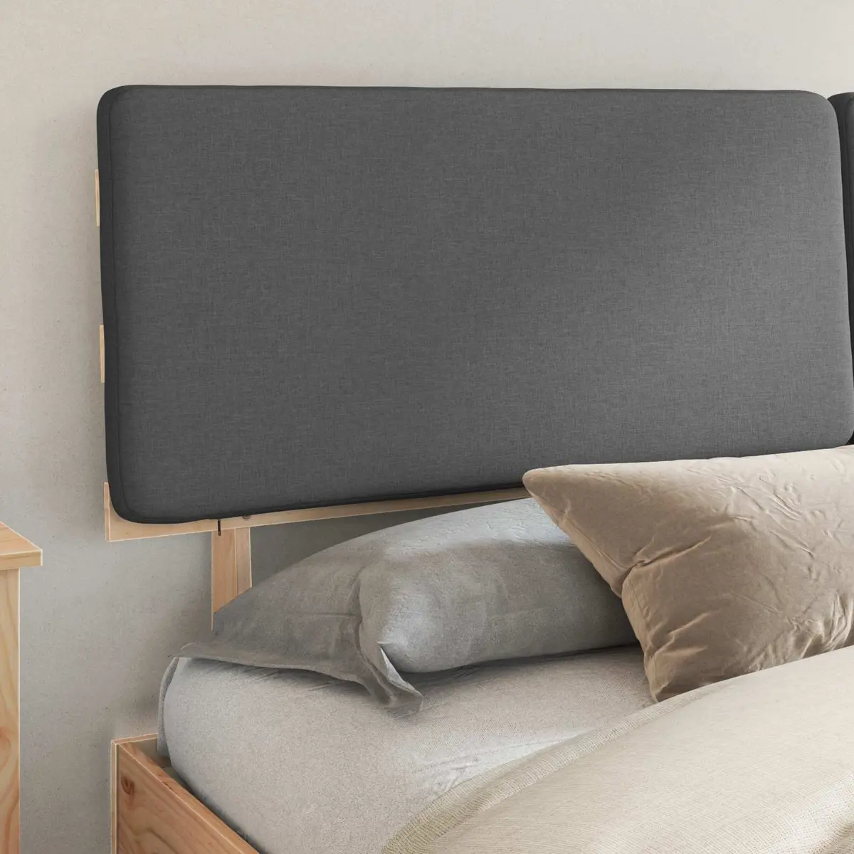 Bed Frame Grey Upholstered Headboard 180x200cm Solid Pine Wood Platform Slatted Base