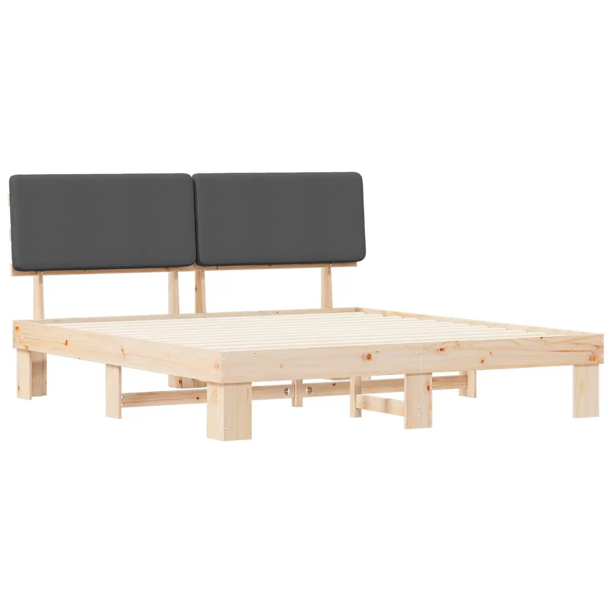 Bed Frame Grey Upholstered Headboard 180x200cm Solid Pine Wood Platform Slatted Base