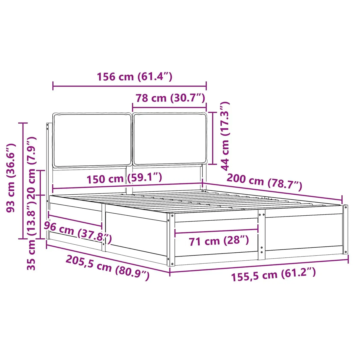 Bed Frame Grey Upholstered 150x200cm Solid Pine Wood Platform