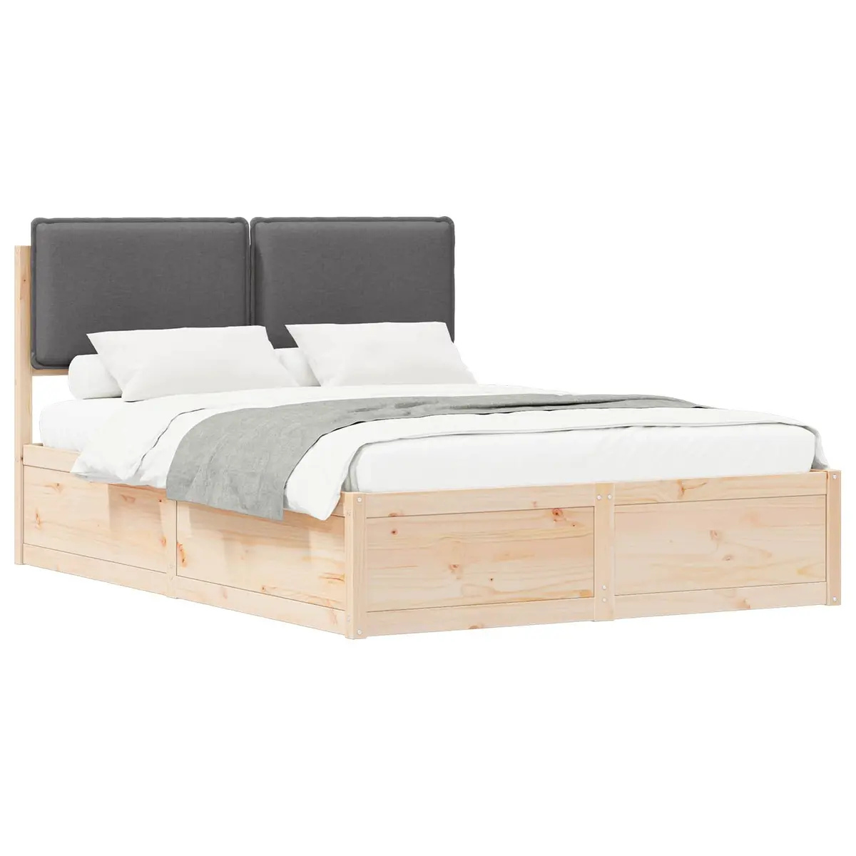 Bed Frame Upholstered Headboard Grey 135 x 190 cm Modern Platform Solid Pine Wood