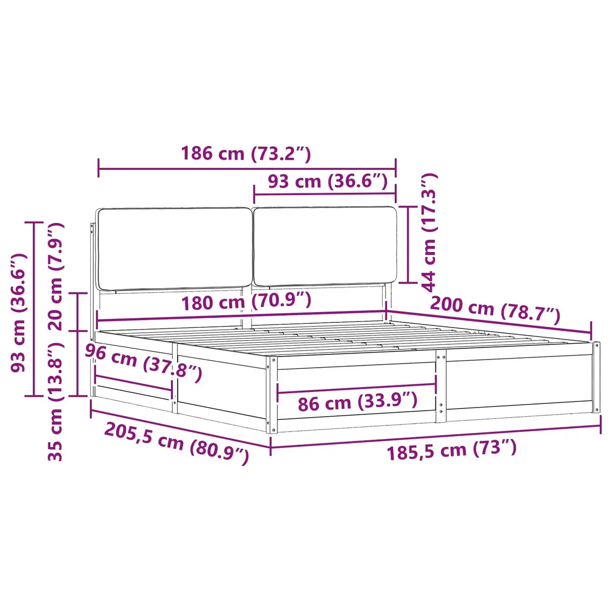 Bed Frame Upholstered Headboard Dark Grey 180 x 200 cm Wooden Modern