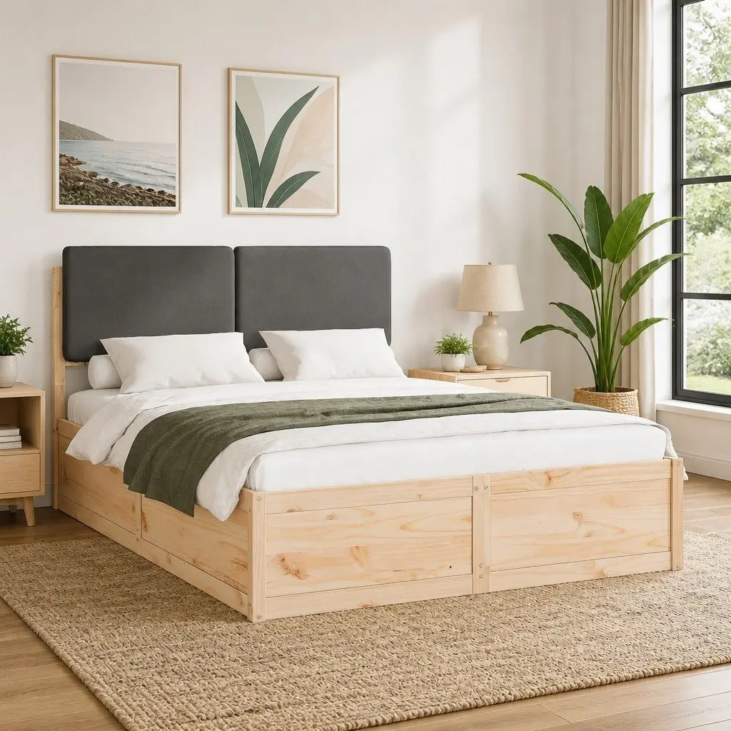 Upholstered Headboard Bed Frame Grey 150x200cm Solid Pine Wood Platform Slats