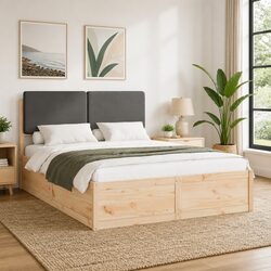 Upholstered Grey Bed Frame with Wooden Slats 150 x 200 cm