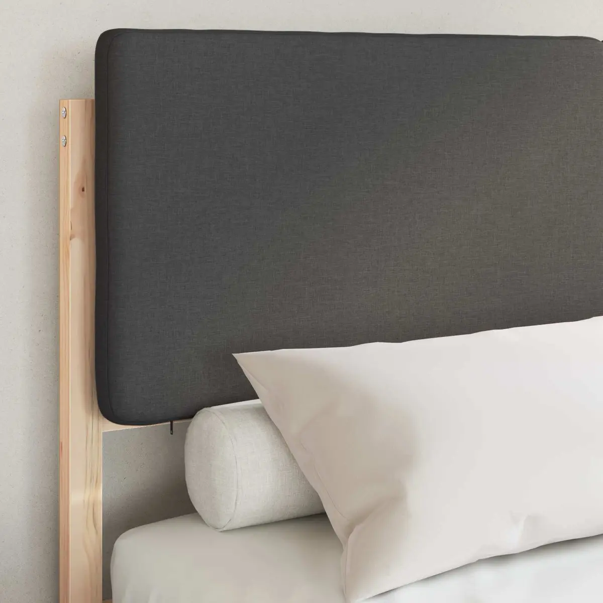 Upholstered Headboard Bed Frame Grey 150x200cm Solid Pine Wood Platform Slats
