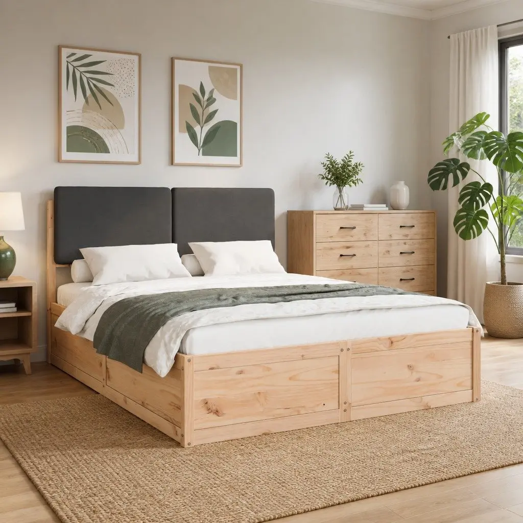 Bed Frame Upholstered Headboard Grey 135 x 190 cm Solid Pine Wood Modern Furniture